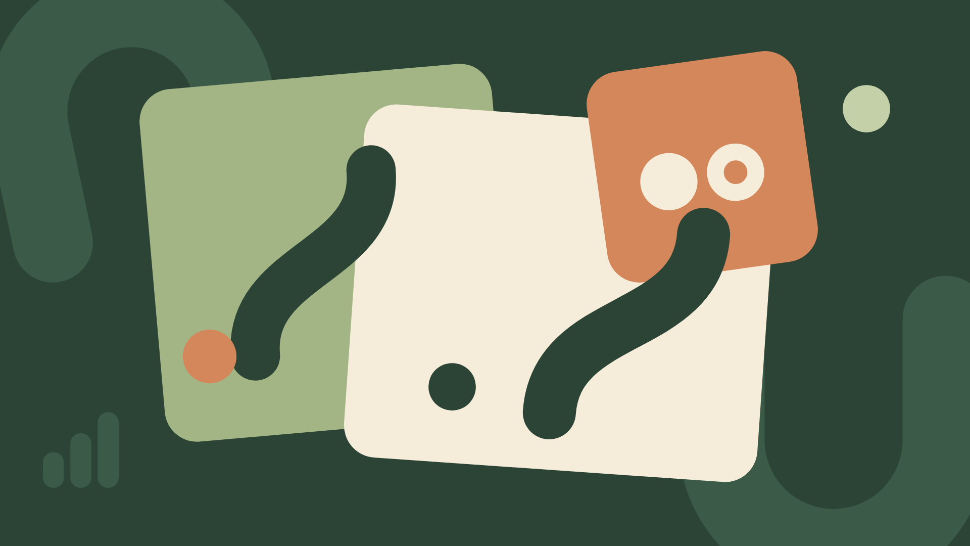 Composição abstrata sobre fundo verde: folhas arredondadas empilhadas, duas rotas curvas, círculos e arcos.